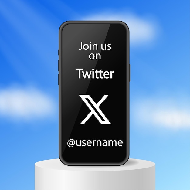 Vector join us on twitter x banner follow us in social networks smartphone standing on the podium username