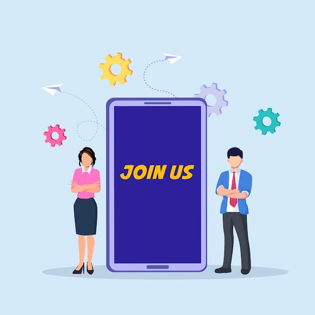 Join us vector concept business people standing with join us text on the screen