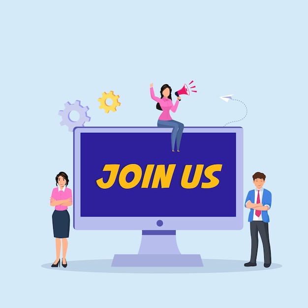 Join us vector concept business people standing with join us text on the screen