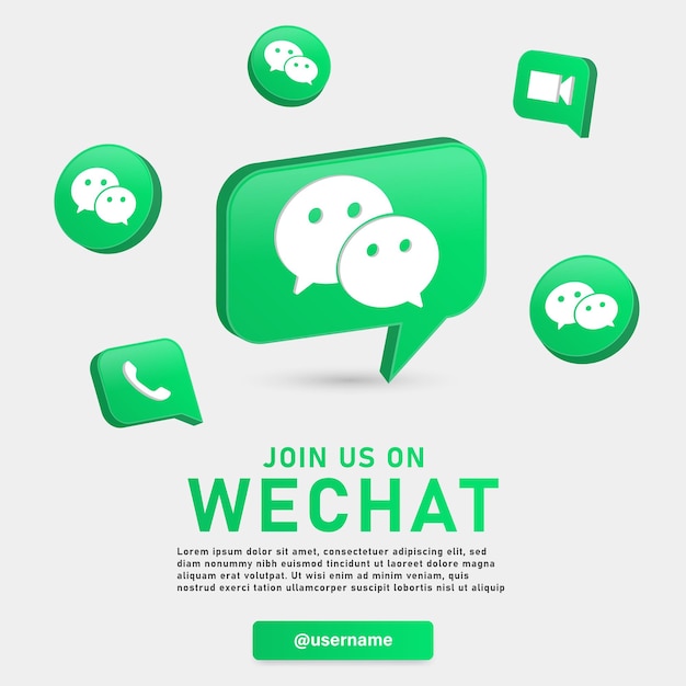 Vettore unisciti a noi su wechat con loghi 3d e icone di reazione ai post di notifica contattaci sui social media