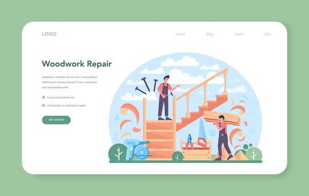 ジョイナーまたはカーペンターのWebバナーまたはランディングページ。木を扱う木製家具コンストラクター。建具と木工所のワークショップ。孤立したベクトル図