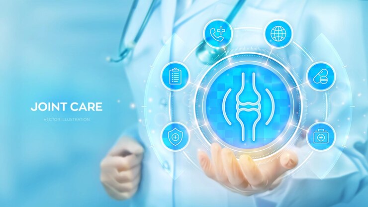 Vector 関節の健康 関節痛 炎症 損傷 関節炎 治療 物理療法 手を握る医師 関節アイコンと医療アイコン 仮想画面のネットワーク接続 ベクトルイラスト