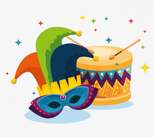 Vector joker hat with mask decoration and drum to carnival celebration
