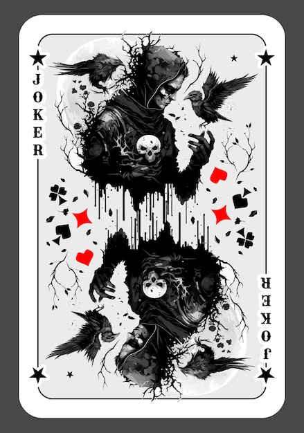 Вектор Джокер или карта шута в колоде карт шут с черепом в руке в окружении воронов