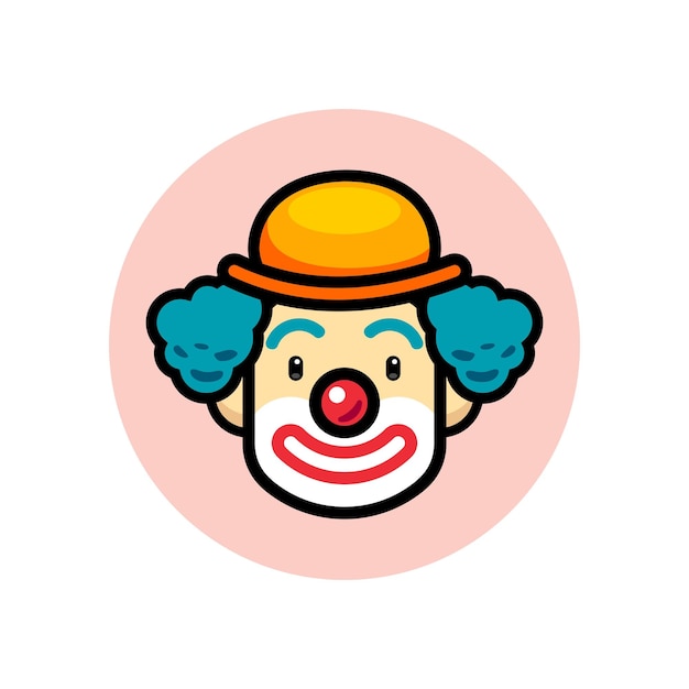 Vettore joker sorriso illustrazione vettoriale mascotte con parrucca di capelli blu trucco e cappello joker felice naso rosso