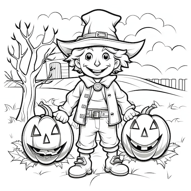 Vector jolly farmer and two jackolantern pumpkins next to a tree and a house halloween black and white picture coloring book