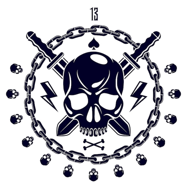 Jolly roger testa morta teschio aggressivo, emblema vettoriale pirati o logo con armi e altri elementi di design, logo in stile vintage o tatuaggio.