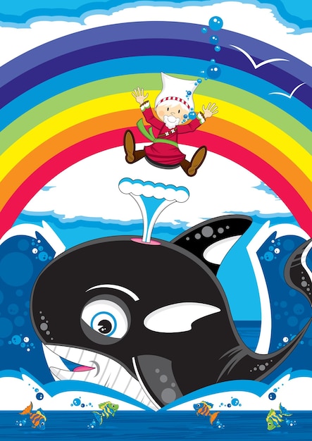 Jonah and the Whale with Fish and Rainbow Biblical Illustration