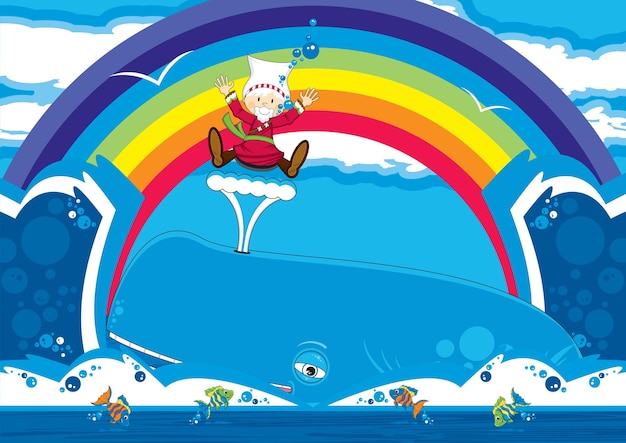 Jonah and the Whale with Fish and Rainbow Biblical Illustration