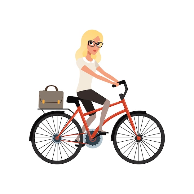 Jong blond meisje fietsten om te werken in aktetas Cartoon karakter van zakenvrouw in glazen Persoonlijk vervoer voor stedelijke mobiliteit Platte vector design