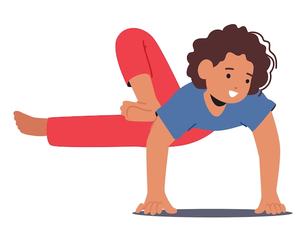 Jong kindmeisjeskarakter dat yoga beoefent Evenwicht en mindfulness vinden door middel van zachte houdingen die flexibiliteit bevorderen