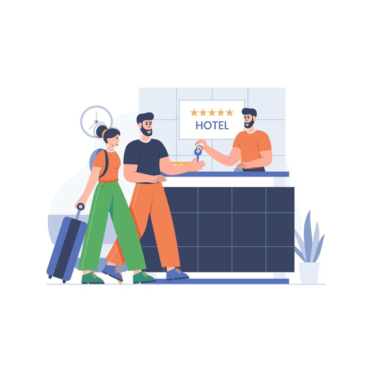 Vector jong koppel bij de receptie van het hotel concept illustratie