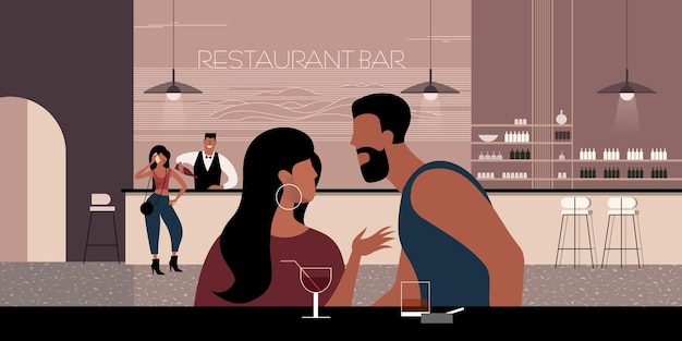 Jong koppel chatten aan een tafel in een bar of restaurant vectorillustratie