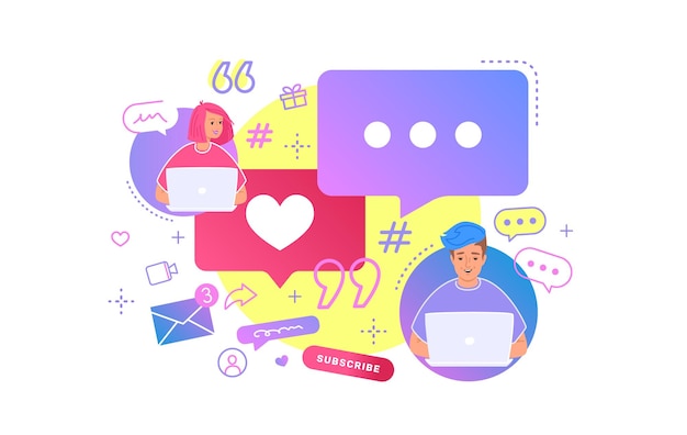 Jong koppel samen chatten in sociale media met behulp van laptop op het bureau. Platte heldere vectorillustratie van online chat, hashtag repost en kijken naar mobiele video. Mensen met tekstballonnen op wit