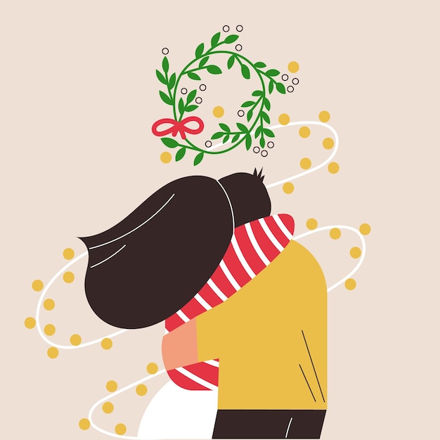 Jong koppel zoenen en knuffelen onder de maretaktak thuis op kerstavond. man en vrouw staan onder de maretakkrans. kersttraditie platte vector cartoon illustratie, wenskaart
