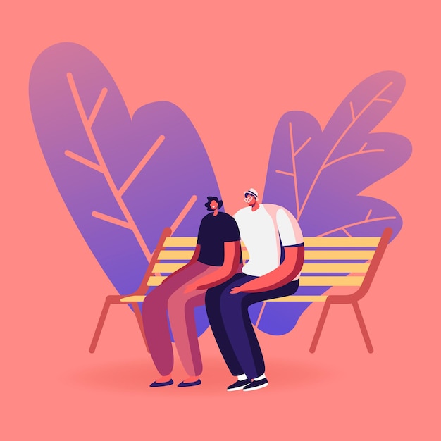 Jong liefdevol paar zittend op een bankje in het stadspark. liefde, buitenshuis zomer vrije tijd, vrije tijd. cartoon afbeelding