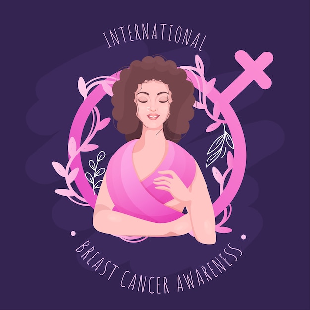 Jong meisje die betrekking hebben op lichaam van roze sjaal met Venus-teken versierd door bladeren op paarse achtergrond voor International Breast Cancer Awareness Concept.