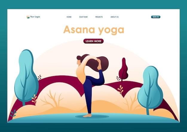 Vector jong meisje doet yoga pose asana buiten in het park in het bos flat 2d character landing page concepten en webdesign