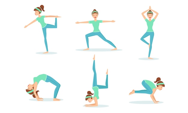 Jong meisje doet yoga set jonge vrouw doet lichamelijke oefeningen en demonstreert verschillende yoga posities vector illustratie