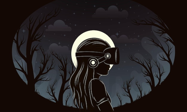 Jong meisje karakter VR-headset dragen op volle maan sterrenhemel bos achtergrond