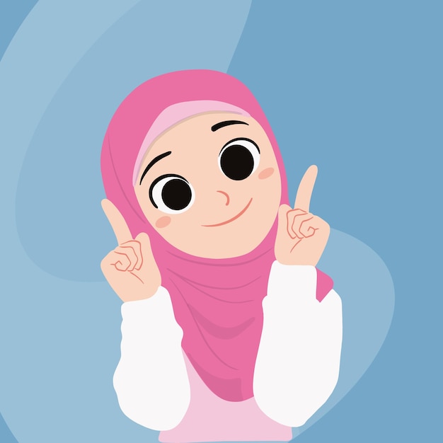 Vector jong meisje met een hijab die met beide handen naar boven wijst