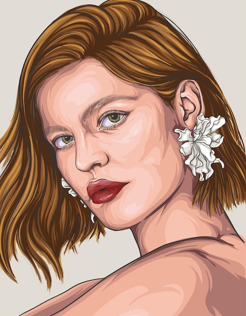 Vector jong meisje met stijlvolle witte oorring portret handteken illustratie