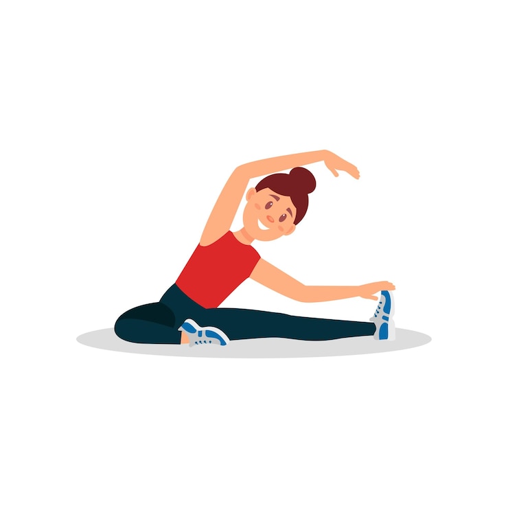 Vector jong meisje opwarmen voor de training vrouw doet oefening zittend op de vloer kleurrijke platte vector design