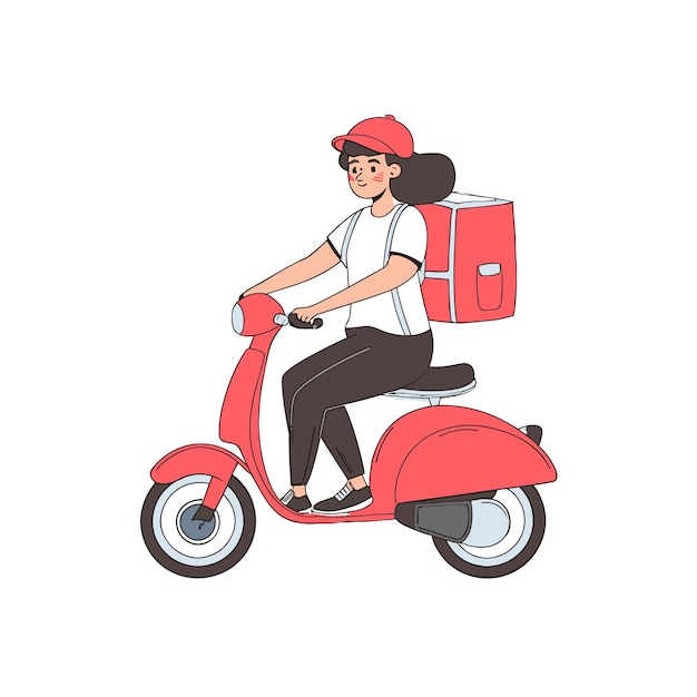 jong meisje rijdt op scooter met tas cartoon vector illustratie geïsoleerd op vaste achtergrond