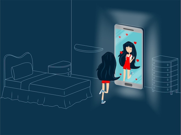 Jong meisje wordt weerspiegeld in de spiegel-smartphone alleen in haar kamer conceptuele vectorillustratie voor sociale verslaving