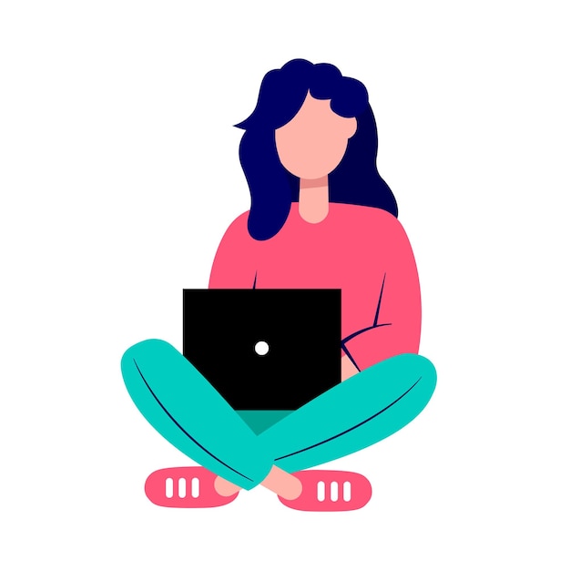 Jong meisje zit met een laptop. vector illustratie.