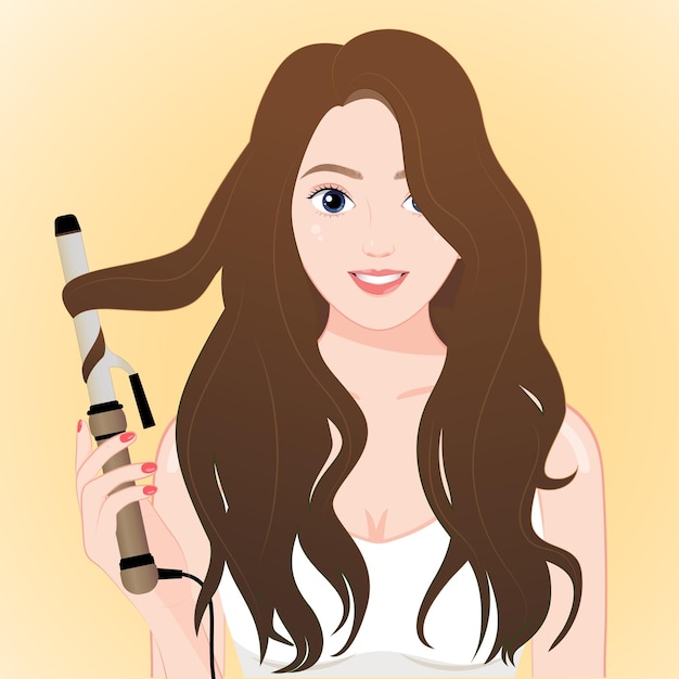 Vector jong mooi meisje met behulp van krultang, krullend haar, haarverzorging, blond haar, huidverzorging make-up concept