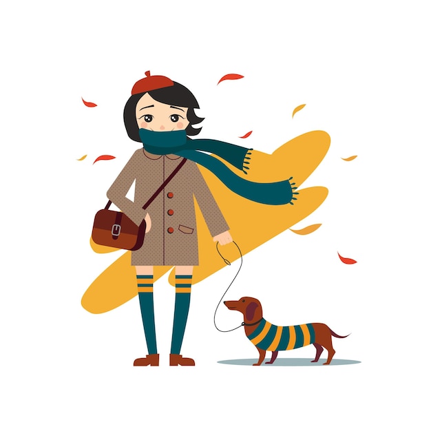 Jong mooi meisje wandelen met hond vectorillustratie