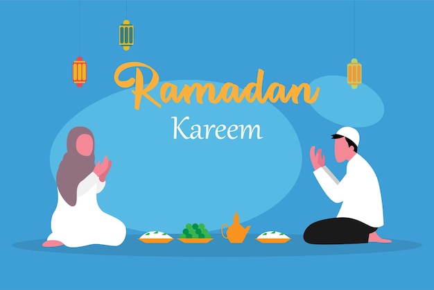 Jong moslimpaar dat samen bidt voor het vastenbreken in de heilige maand Ramadan