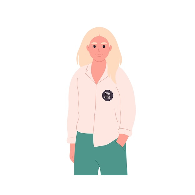 Vector jong personage met pin voor geslachtsvoornaamwoorden. zij, hij, zij, niet-binair. genderneutrale beweging. lgbtq