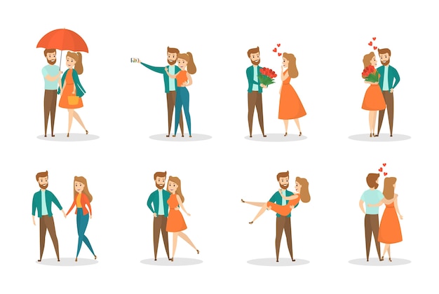 Vector jong romantisch koppel op een date. vrouw en man zijn verliefd. liefhebbers die samen knuffelen en wandelen. illustratie