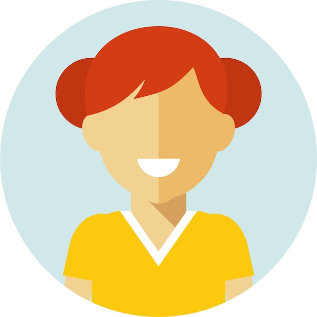 Vector jong volwassen meisje vrouw in gele tshirt met rood haar ronde avatar gezicht pictogram in platte stijl