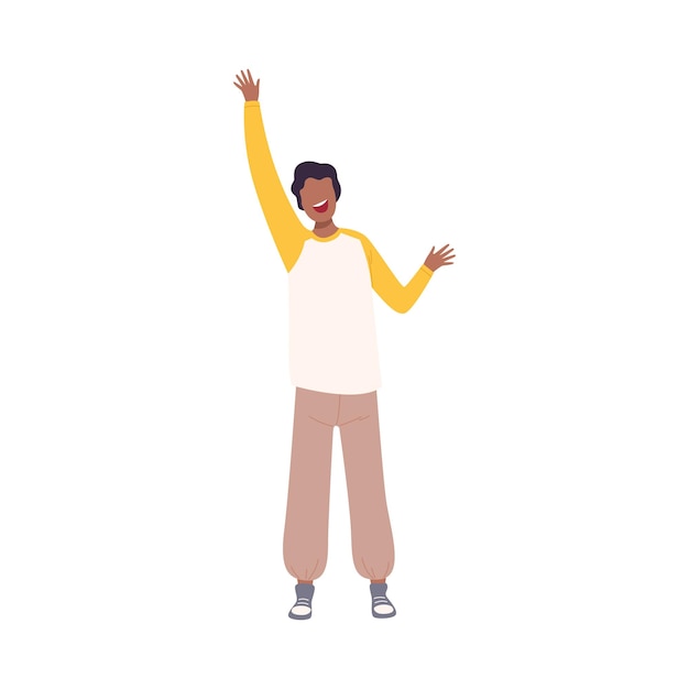 Jonge Afro-Amerikaanse man die met zijn handen omhoog staat Mannelijk personage dat op een feestje danst zich vermaakt of succes viert Flat Vector Illustratie