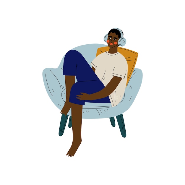 Jonge Afro-Amerikaanse man zit in een fauteuil en luistert naar muziek in een koptelefoon Kerel brengt weekend thuis door en ontspant thuis Vector illustratie op witte achtergrond