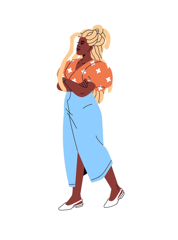 Vector jonge afro-amerikaanse vrouw in trendy kleren loopt gelukkig zwart meisje met stijlvolle dreadlocks draagt mode lange gesneden rok om te wandelen platte geïsoleerde vector illustratie op witte achtergrond