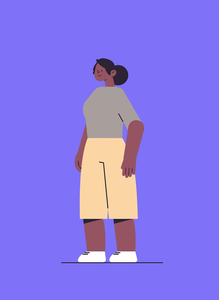 Vector jonge afro-amerikaanse vrouw in vrijetijdskleding mooi meisje staande pose vrouwelijke stripfiguur volledige lengte verticale vectorillustratie