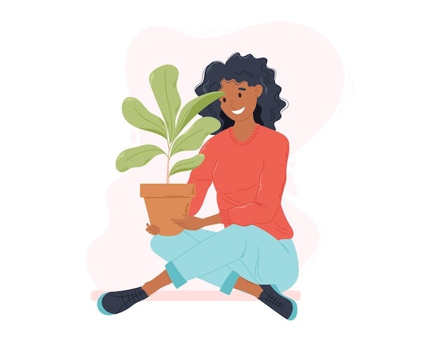 Jonge Afro-Amerikaanse vrouw zittend met gekruiste benen op de vloer met een Ficus-bloem in een Pot Vector geïsoleerd Flat Girl groeiende planten