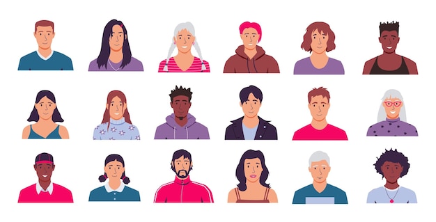 Vector jonge avatars cartoon hoofden van volwassen mannen en vrouwen voor games en sociale netwerken gebruikers