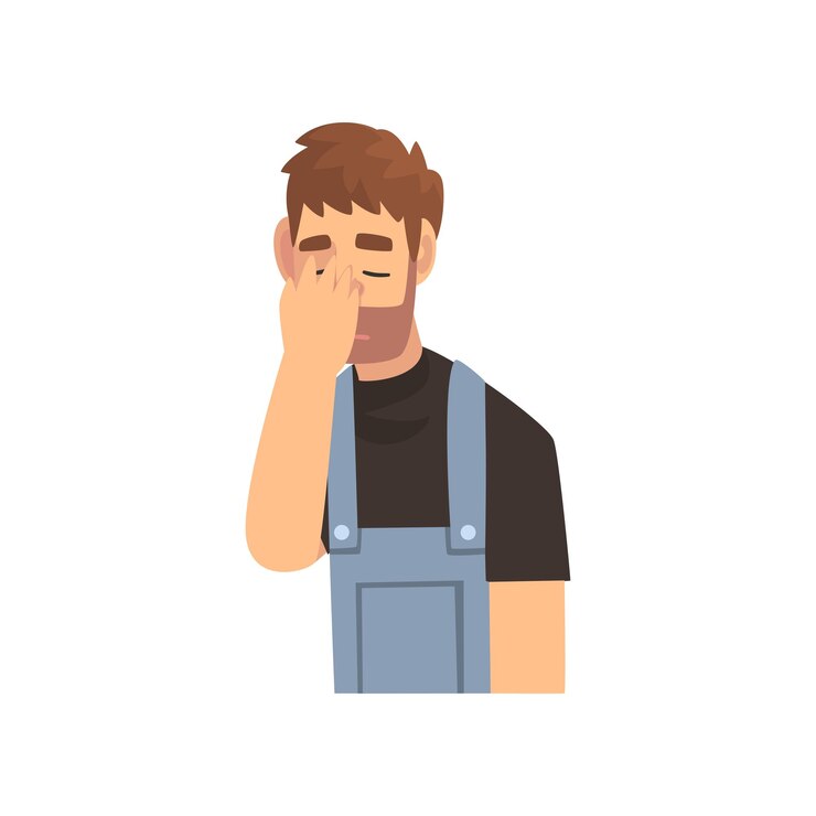 Vector jonge baarde man in overalls die zijn gezicht met zijn hand bedekt man die facepalm gebaar maakt schaamte hoofdpijn teleurstelling negatieve emotie vector illustratie op witte achtergrond