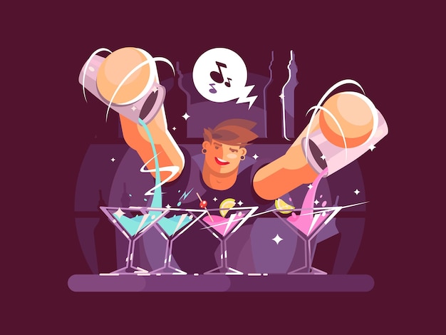 Vector jonge barman drankjes gieten. nachtclubmedewerker bij bar. illustratie