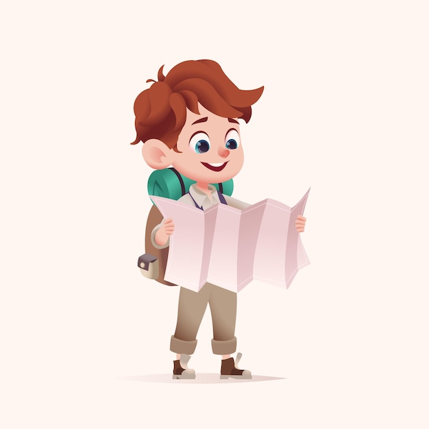 Vector jonge boy scout met rugzak holdilding routekaart moderne cartoon d stijl vector illustratie