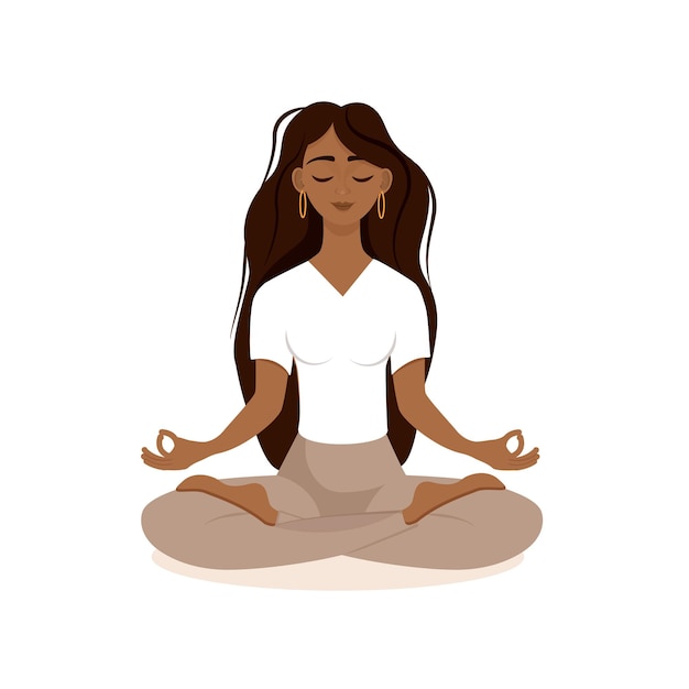 Jonge brunette meisje zit in lotus pose thuis vectorillustratie geïsoleerd op een witte background