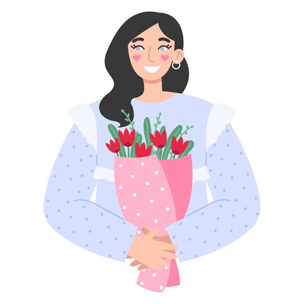 Vector jonge brunette vrouw met een boeket bloemen