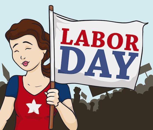 Jonge dame viert met een menigte de Labor Day met Amerikaanse kleuren