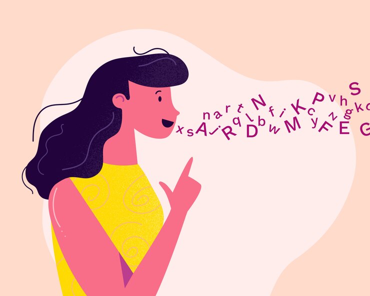 Vector jonge en vriendelijke vrouw-logopedist articuleert haar logopedische behandelingssessie