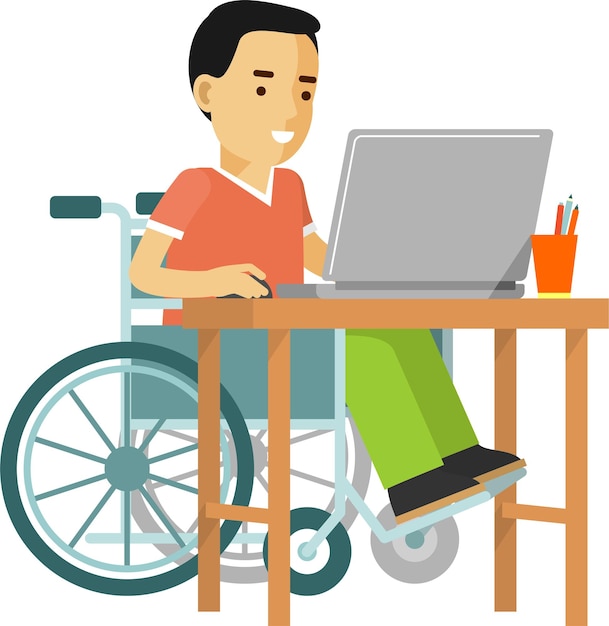 Jonge gehandicapte man in rolstoel werken met laptop